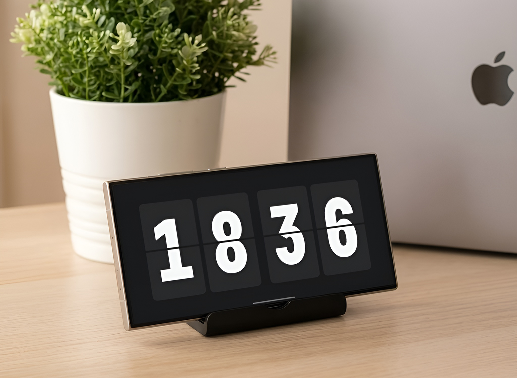 Samsung Galaxy S24 Ultra standing on a phone holder, landscape layout, displaying the timer in fullscreen mode